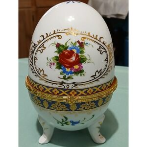 Decorative Porcelain Egg Trinket Box Hinged Rose Floral Gold Accent